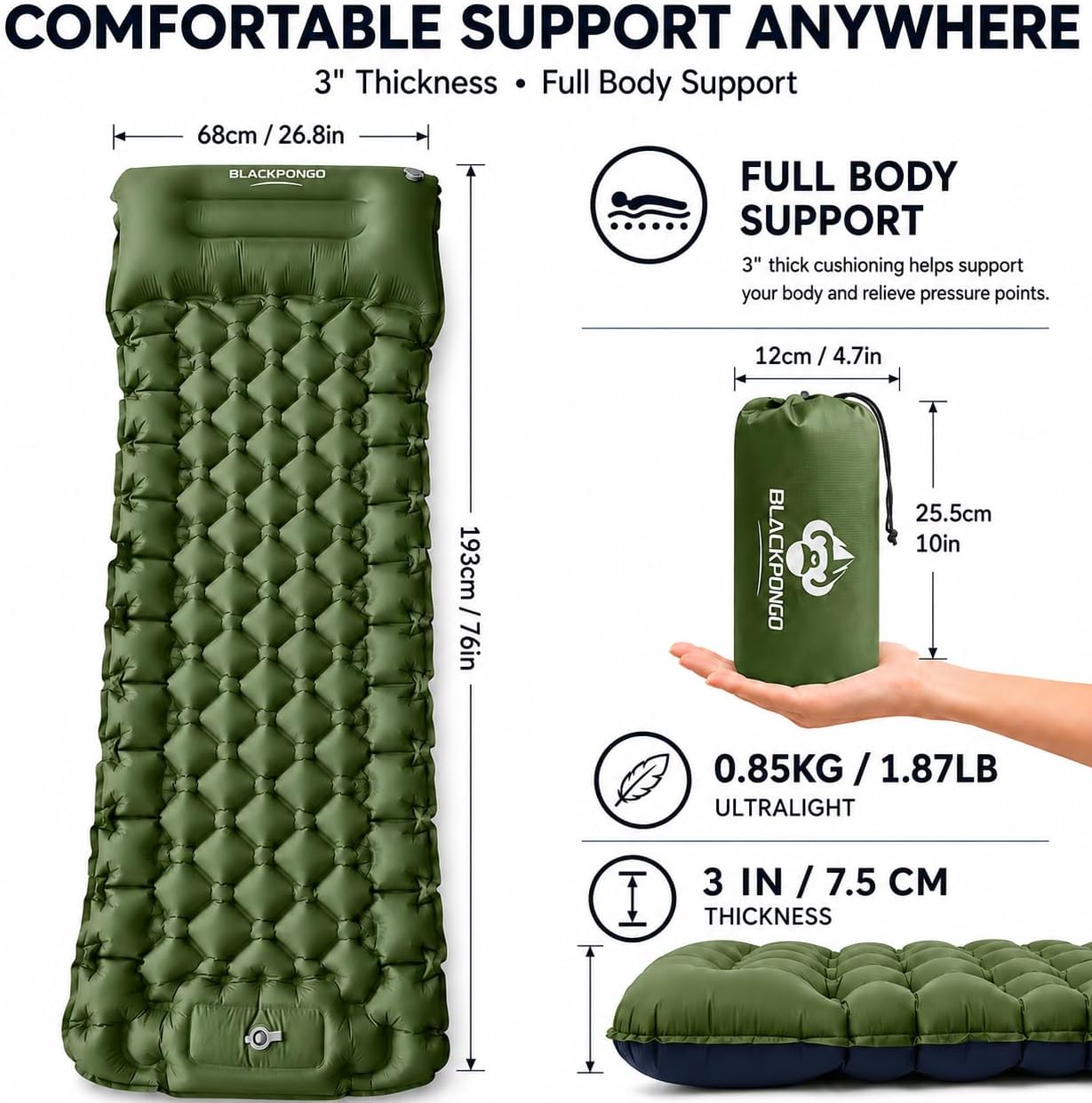 3-Inch Camping Sleeping Pad with Built-in Foot Pump