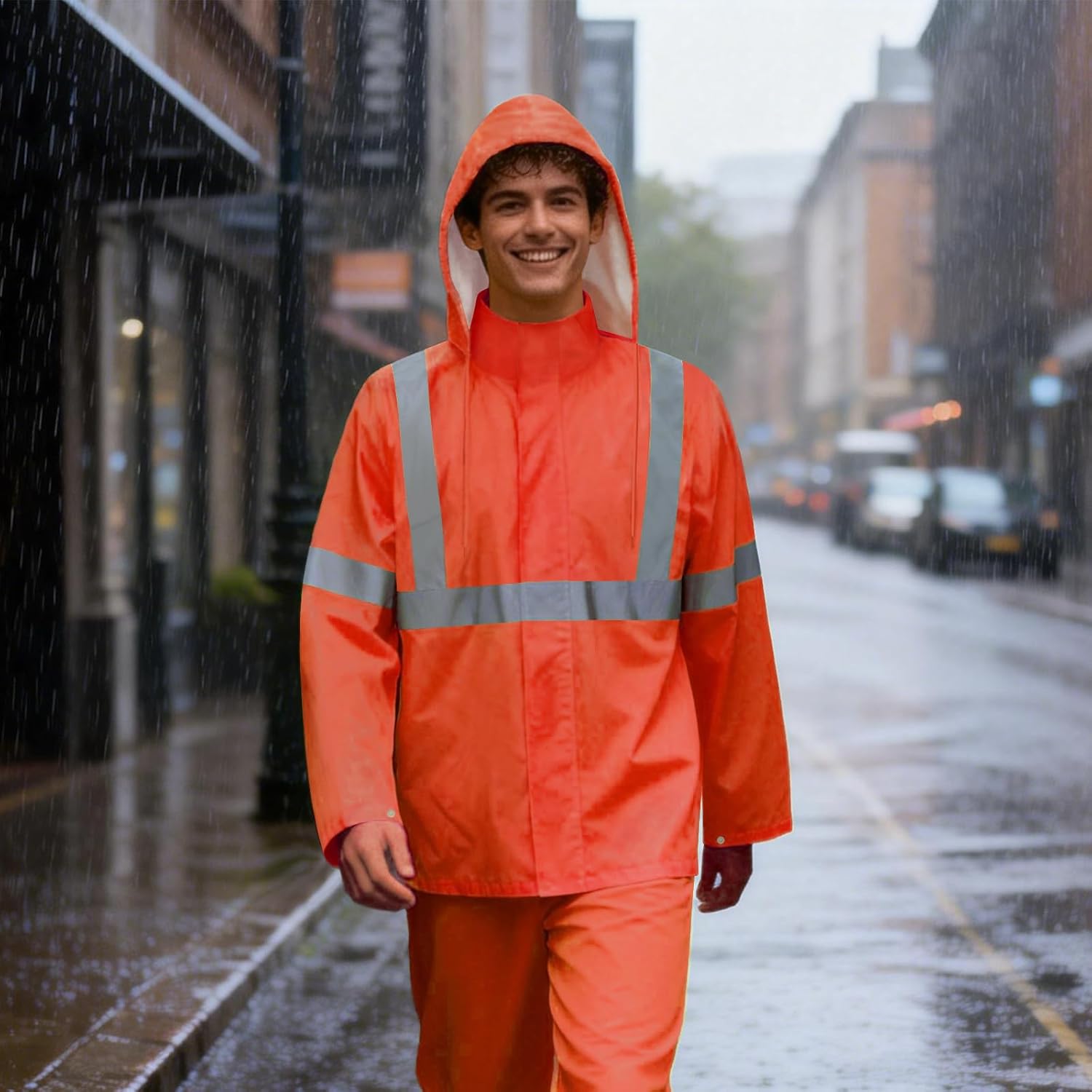 Hi Vis Rain Jacket Rain Suits for Men, High Visibility Waterproof Rain Coat with Hood, Class 3 Lightweight High Vis Rain Gear for Outdoor Activities& Safety Work, Men Women, Orange T, L-XL