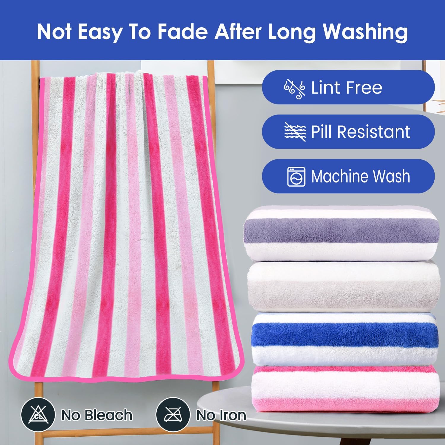 JML Microfiber Bath Towels, 2 Pack, 30" x 60", Cabana Stripe Pink