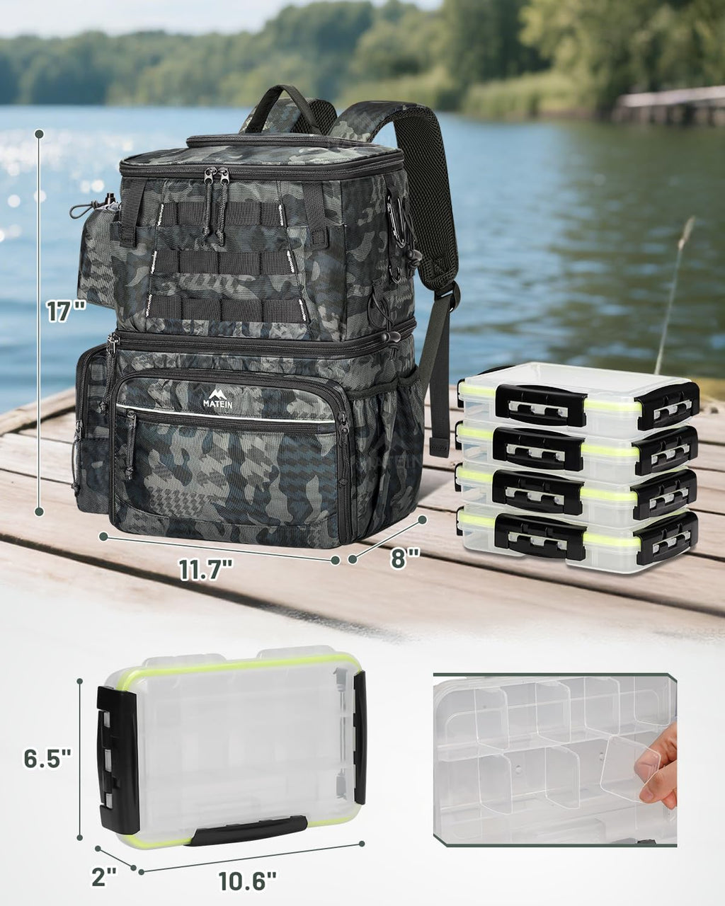 MATEIN Fishing Backpack with 4 Tackle Boxes, Fishing Bag with Rod Holder