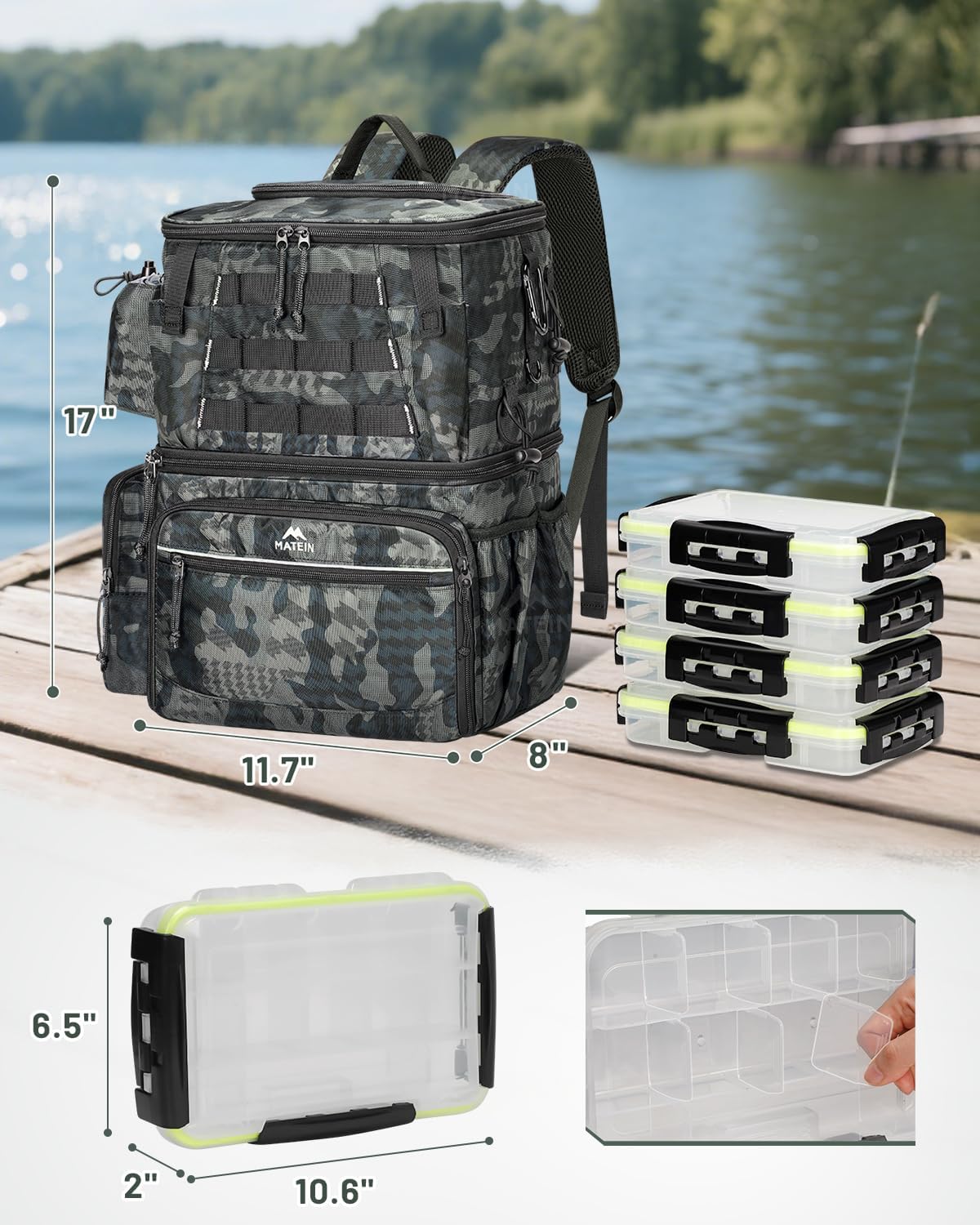 MATEIN Fishing Backpack with 4 Tackle Boxes, Fishing Bag with Rod Holder