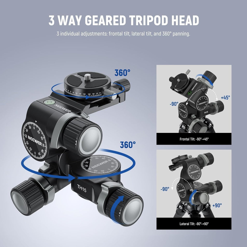 NEEWER 3 Way Geared Tripod Head with 360° Panoramic Arca QR Plate, TH15