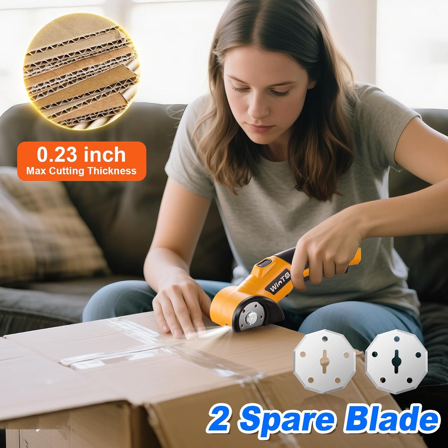 WINTS Cordless Electric Scissors,High-capacity 2000mah Battery 4V Cardboard Cutter with Safety Lock & LED Light, Rechargeable Rotary Cutter for Box Carpet Plastic Fabric With 2 Blades (Yellow)
