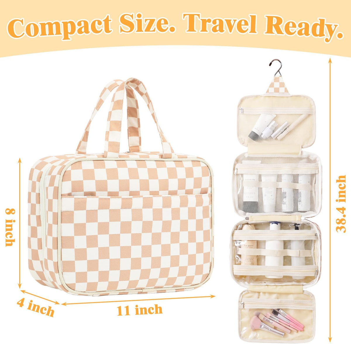 Fammart Hanging Travel Toiletry Bag for Women, Waterproof Travel Essentials with Hook, Multi-compartment Checkered Makeup Cosmetic Bag Organizer for Accessories, Shampoo, Leakproof Wet Dry Separation