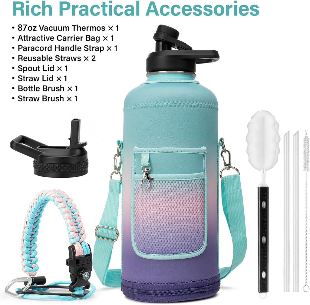 DYSANKY Insulated Water Bottle | Thickened Stainless Steel for Gym and Hiking with Straw, Carrier Bag, Handle Strap | BPA-Free 87 oz