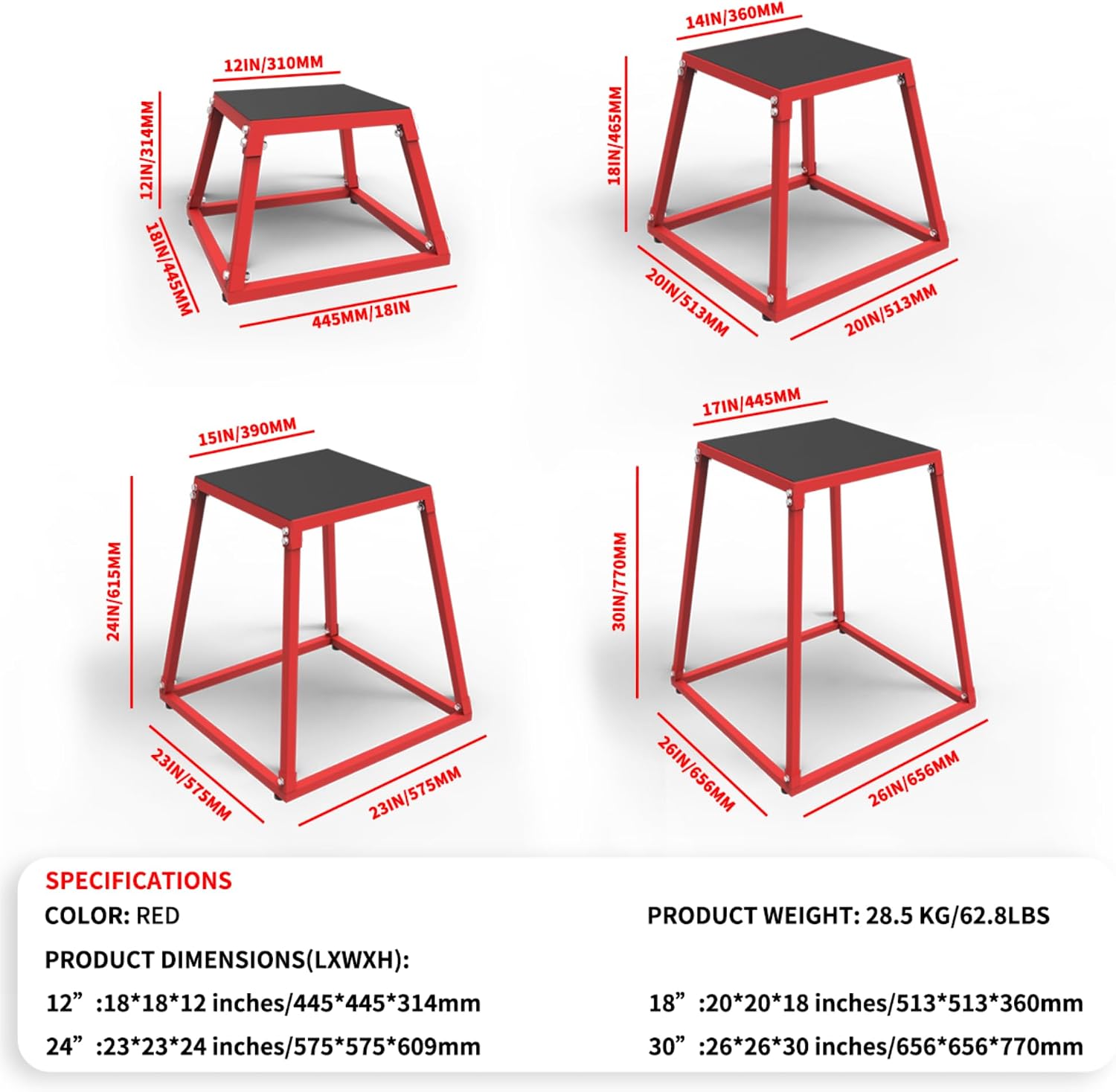 12/18/24/30 Inch Height Steel Plyometric Jumping Box, Anti-Slip Plyo Box Set for Strength and Conditioning Training, Durable Exercise Step Platform for Home Gym