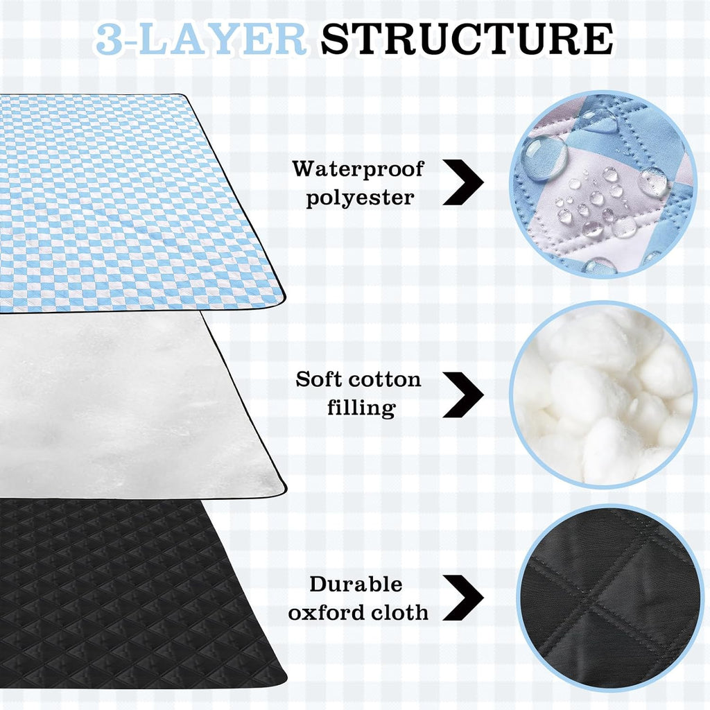 Nuanchu Checkered Picnic Blanket Extra Large Outdoor Blanket Sandproof 80"x80" Waterproof Portable Machine Washable 3 Layer Thick Gingham Picnic Mat for Beach Camping Park Grass Travel(Light Blue)