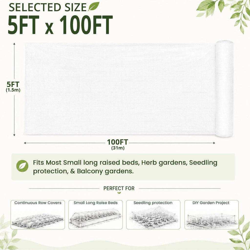 Roll Packed 5x100FT Garden Netting, Fine Mesh Insect Barrier for Plants