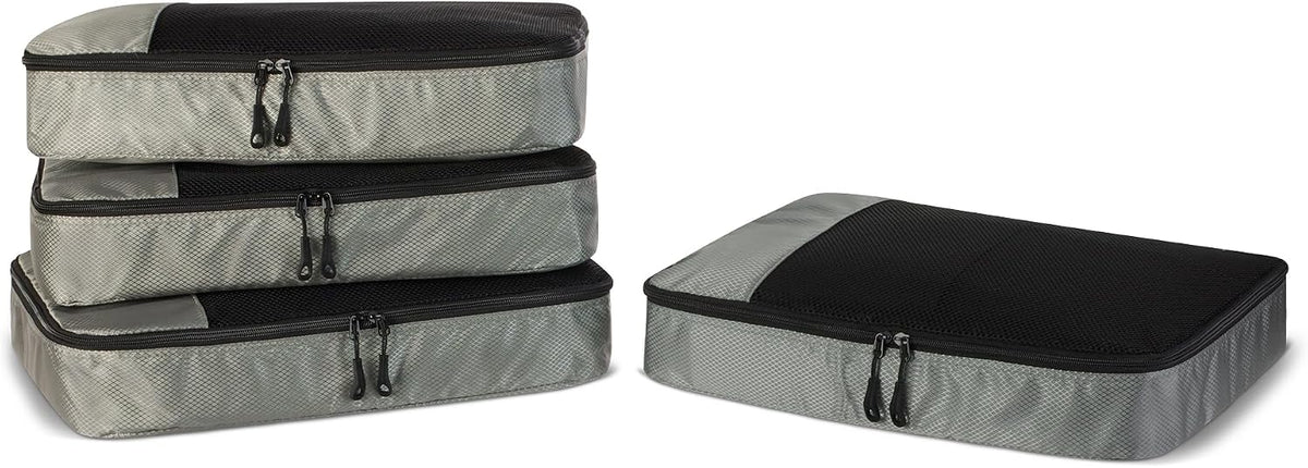 Amazon Essentials 4-Piece Space-Saving Packing Cubes Travel Accessories Set, Luggage Organizer with Double Zipper, Mesh Top, Small, Black (Previously Amazon Basics)