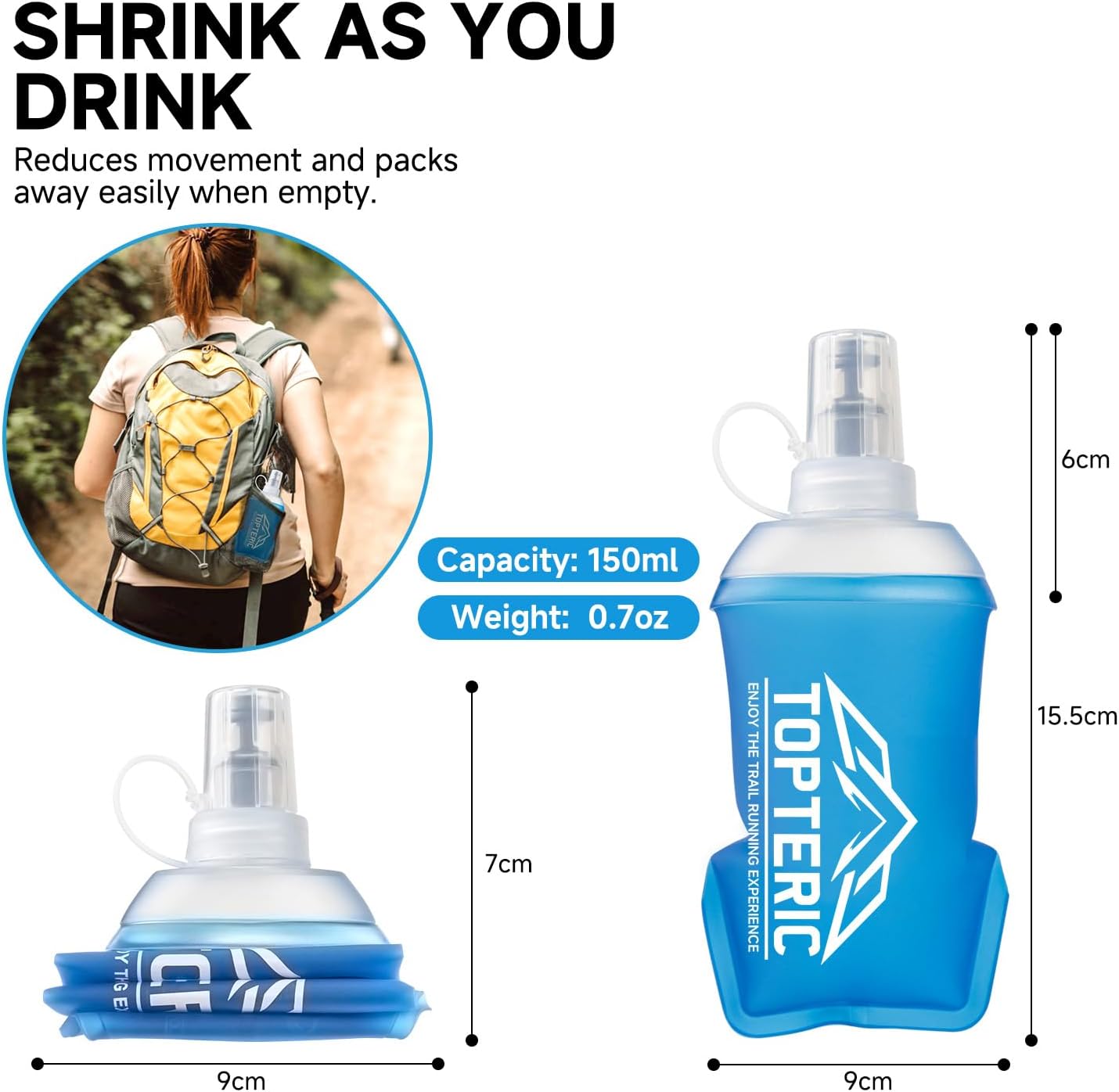 Collapsible Soft Flask Water Bottle, TPU Soft Folding Flexible Water Bottles for Hydration Pack/Running Vest, BPA/PVC Free, Ideal for Running Hiking Cycling Climbing (150ml-2 Pack)