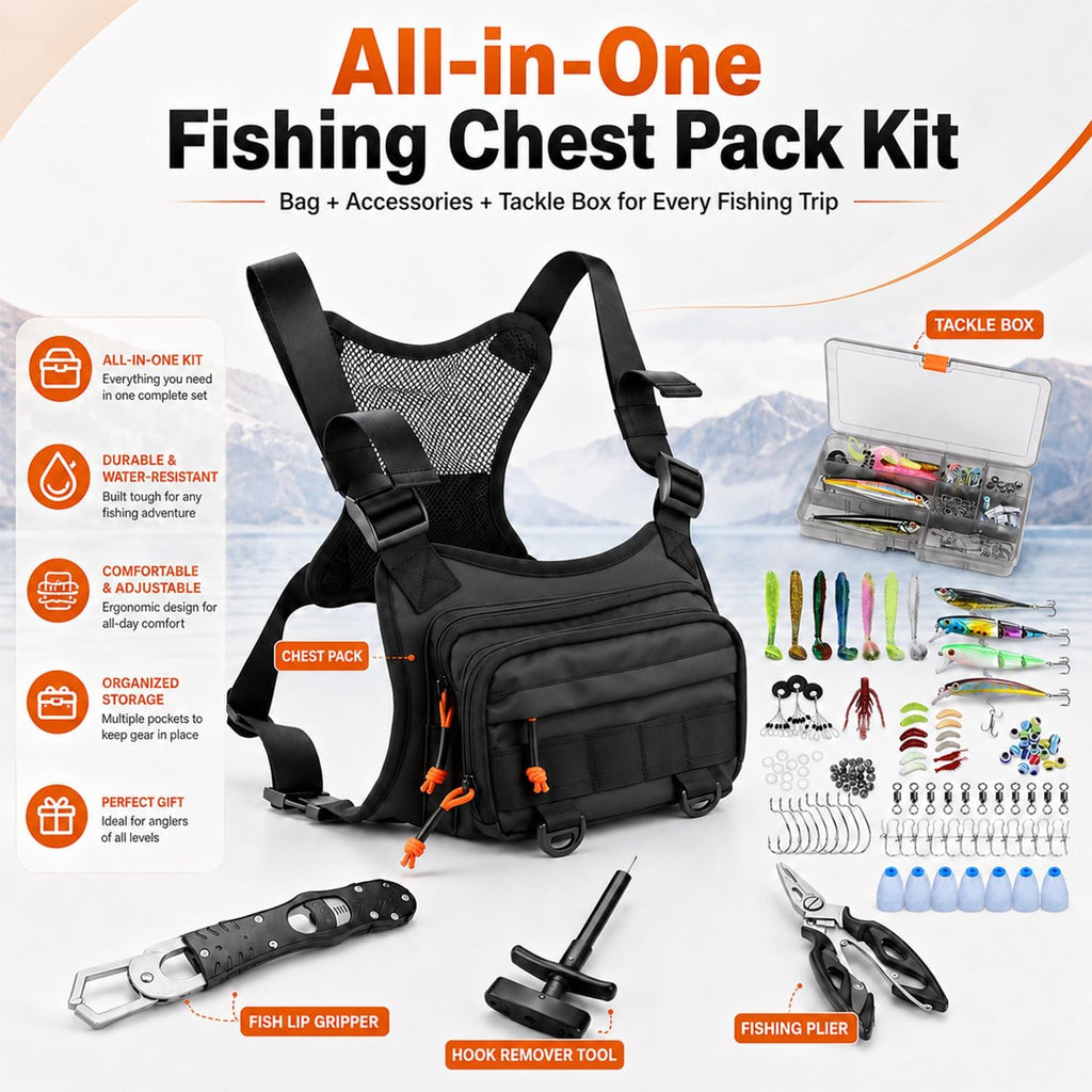 All in One Fishing Chest Pack Tackle Bag with Tackle Box, Fishing Lures Kit