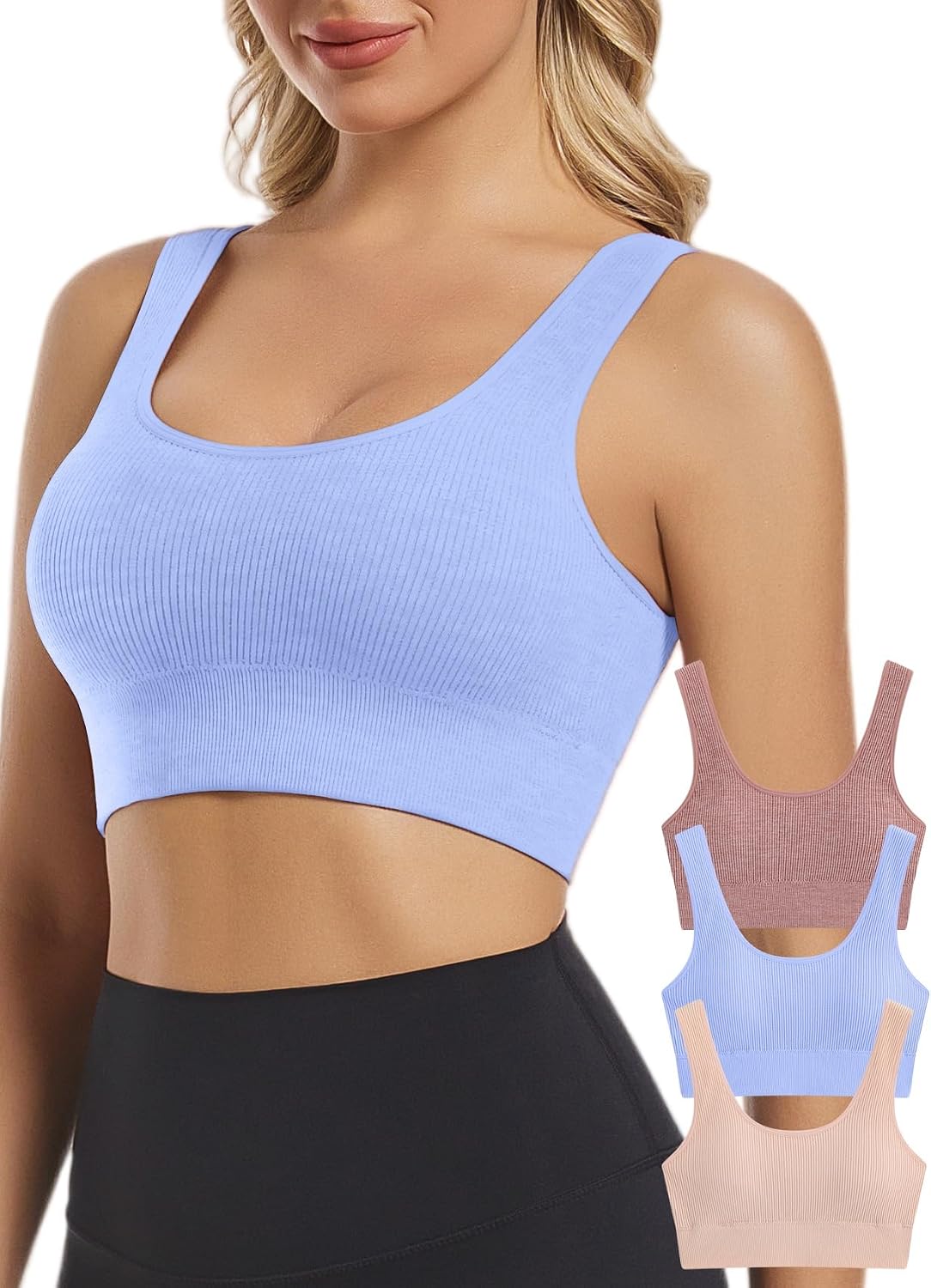 Chilylori Seamless Sports Bras for Women Pack of 3 Ribbed Sports Bra Tops