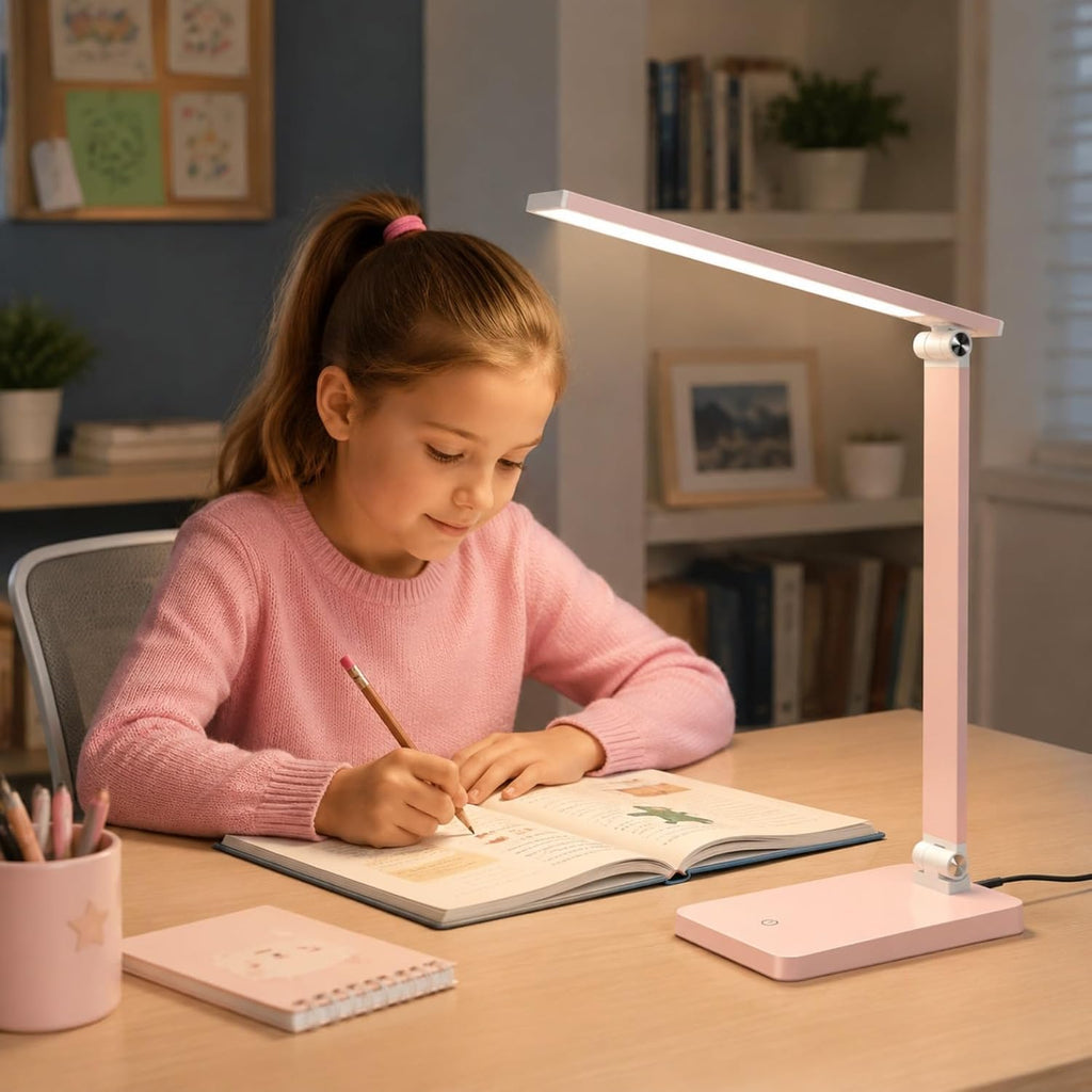 LED Desk Lamp for Home Office, 3 Levels Dimmable Desk Light with USB Charging Port, Reading Lamp for Table Study Work Office Nail Craft Puzzle, Pink, 5000K