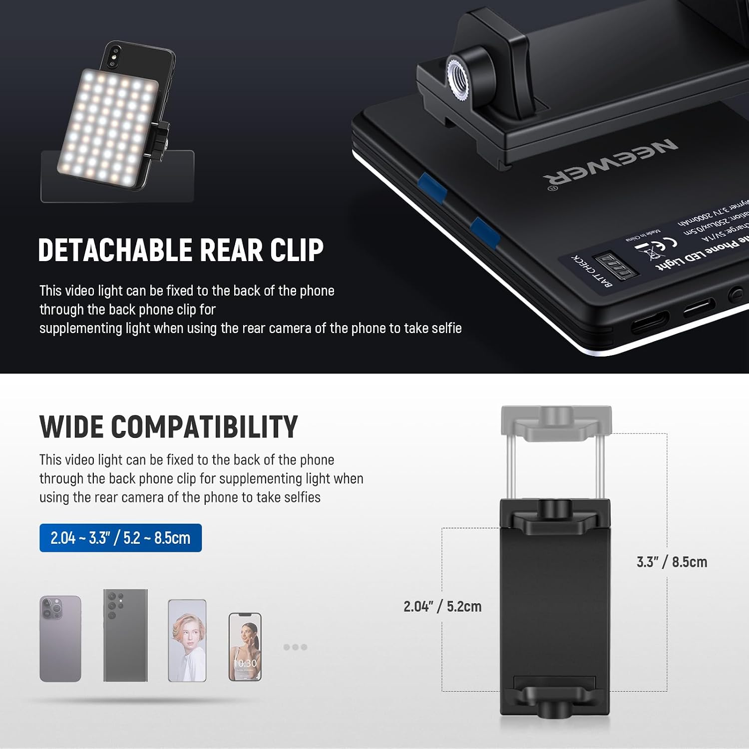 NEEWER Basics NL-60AI Selfie Light for Phone with Front & Back Clip, 60 LED 2000mAh Rechargeable CRI95+, 3 Modes, Portable Clip on Fill Lighting for Tablet Computer Laptop Zoom Call TikTok Video