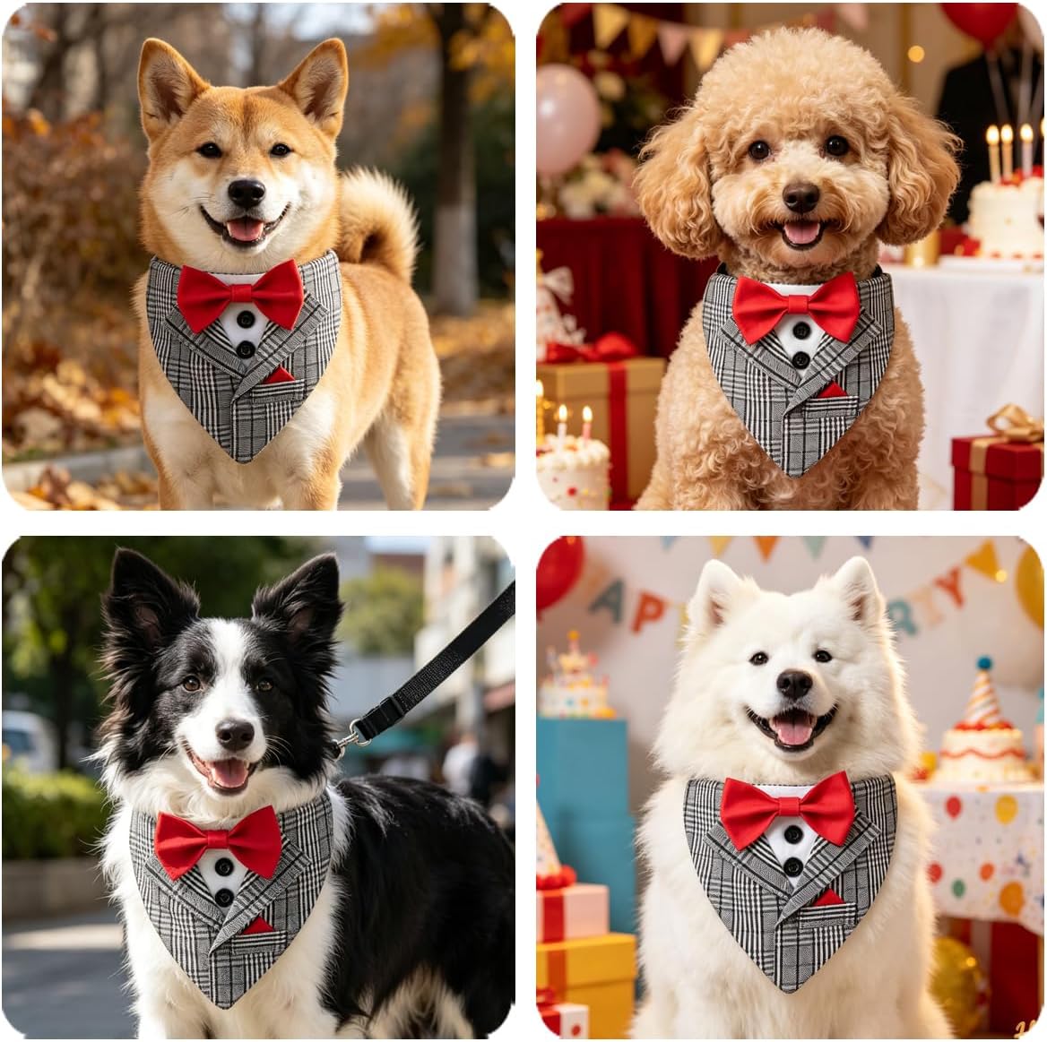 Dog Tuxedo Costumes Wedding Outfit, Gray Stripped Bandana with Red Bowtie, Fashion Dogs Tux Suit Collar (L)