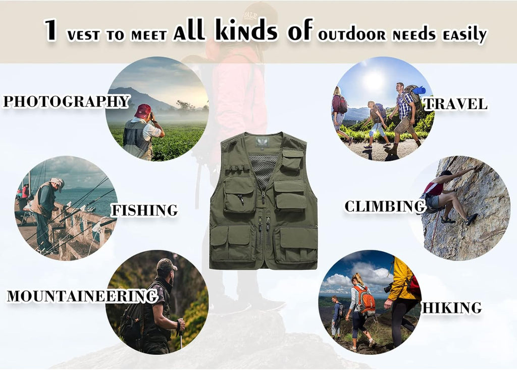 Flygo Men's Casual Lightweight Outdoor Fishing Work Safari Travel Photo Cargo Vest Jacket Multi Pockets