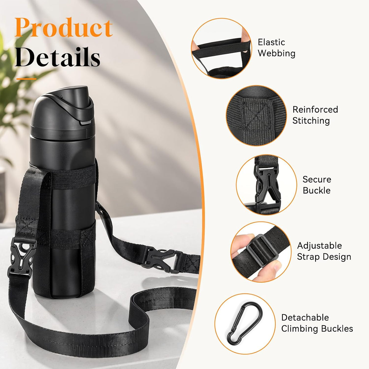 Nuovoware Water Bottle Holder With Strap, 20-40 oz, Charcoal black