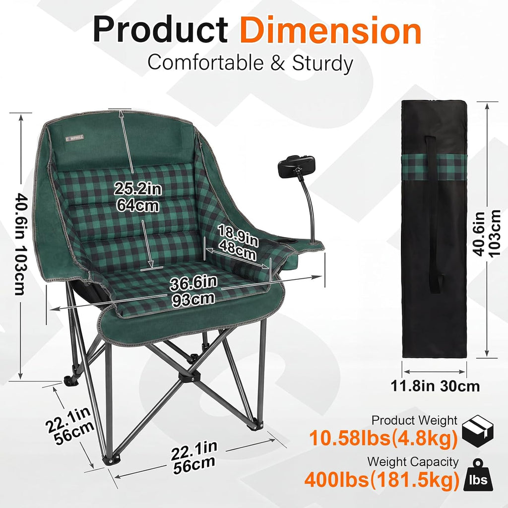 Oversized Camping Chairs for Adults- Heavy Duty Extra Large Lawn Chair,Folding Comfy Padded Camp Chair for Outdoor Sports Garden Beach,Wide&Thick,Green Plaid