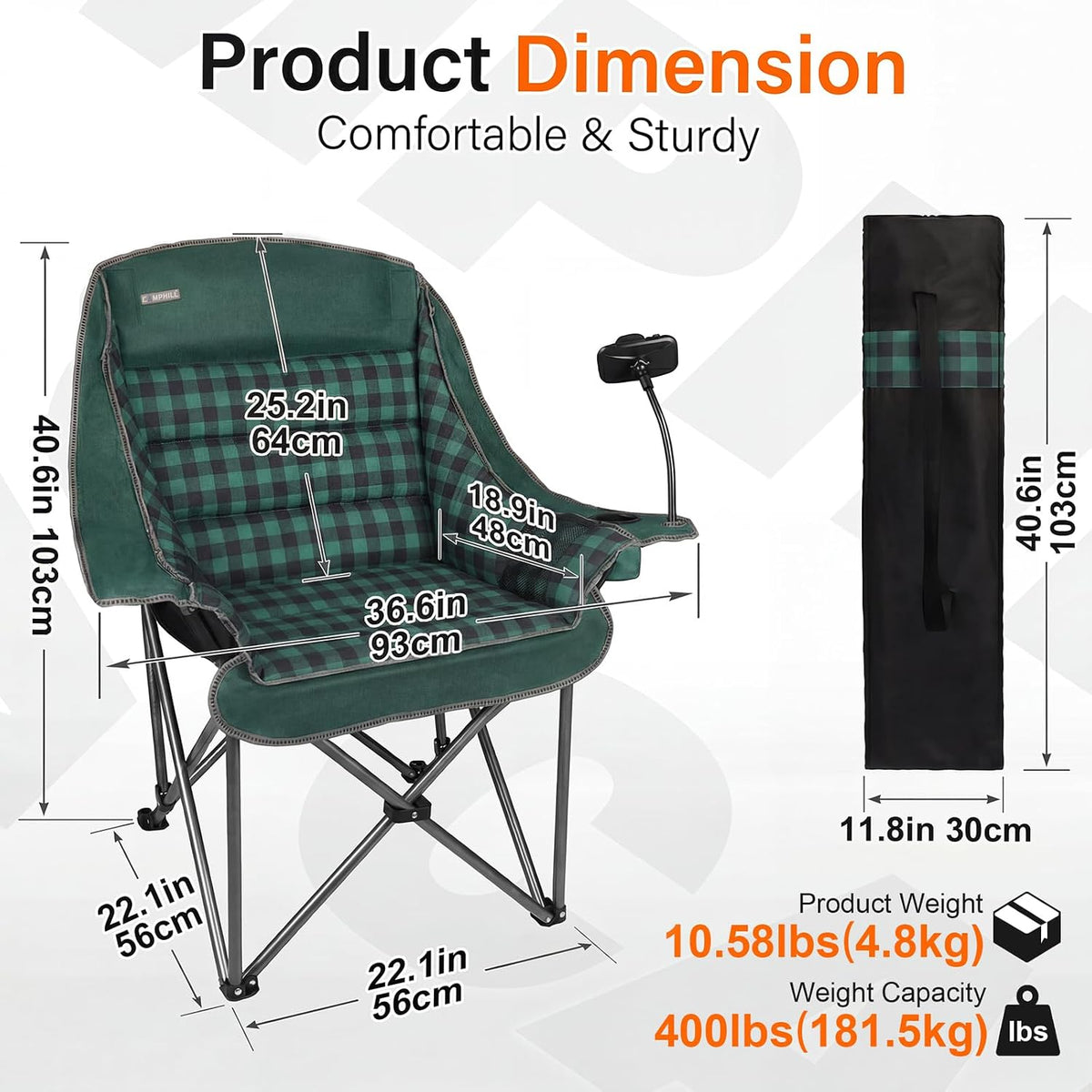 Oversized Camping Chairs for Adults- Heavy Duty Extra Large Lawn Chair,Folding Comfy Padded Camp Chair for Outdoor Sports Garden Beach,Wide&Thick,Green Plaid