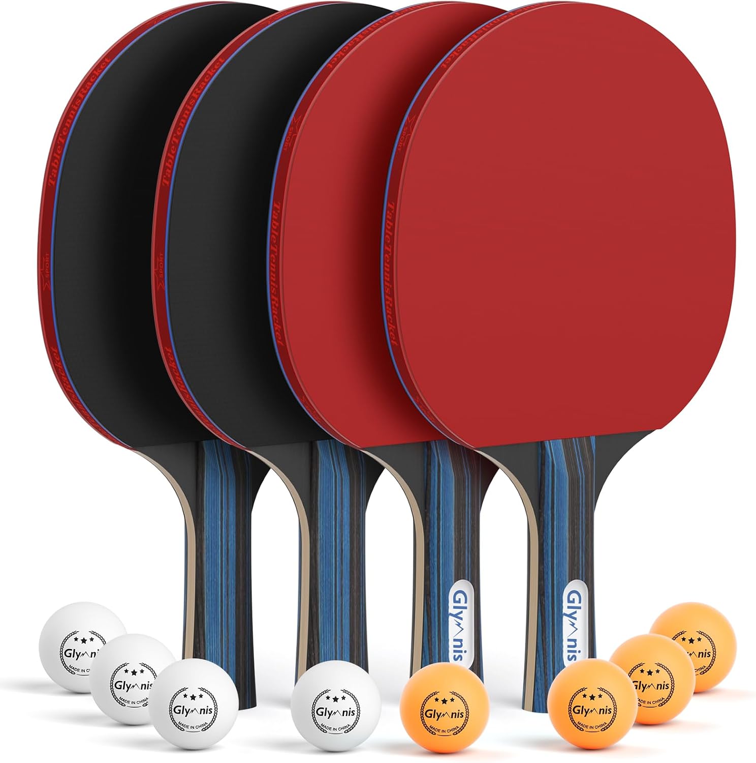 Glymnis Ping Pong Paddles Set of 4/2, 7-Ply Table Tennis Rackets and Balls