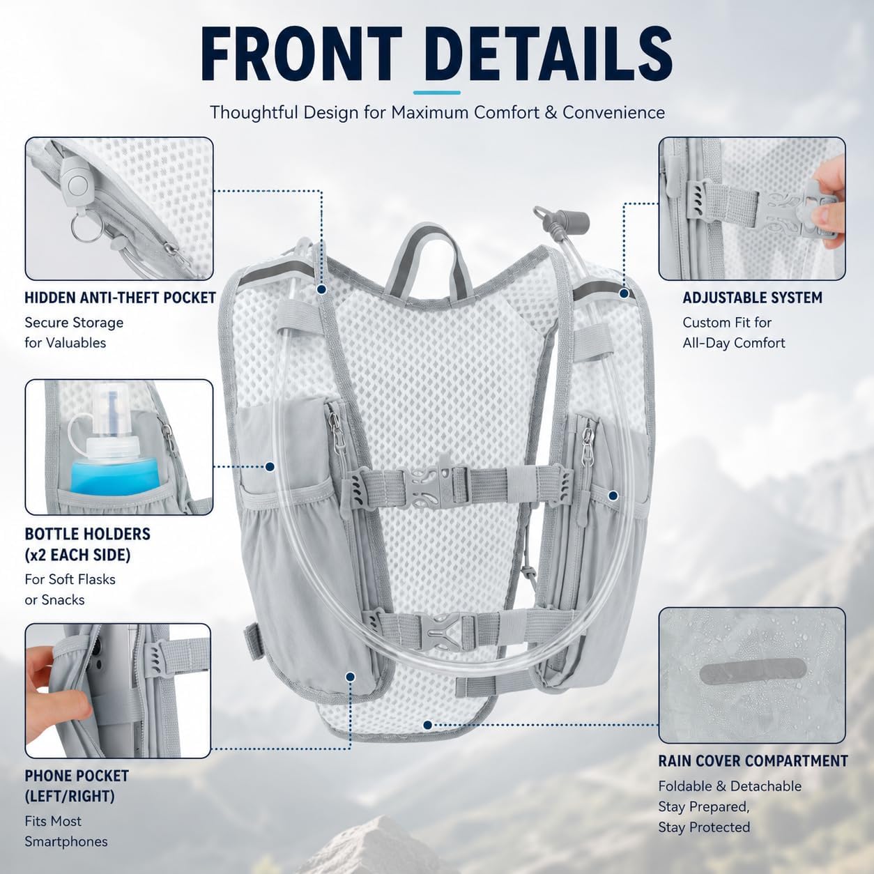 Zavothy Hydration Vest Pack with 1.5L Water Bladder, Lightweight 6L Hydration Backpack for Running, Hiking & Cycling, Breathable Reflective Hydration Vest for Men & Women