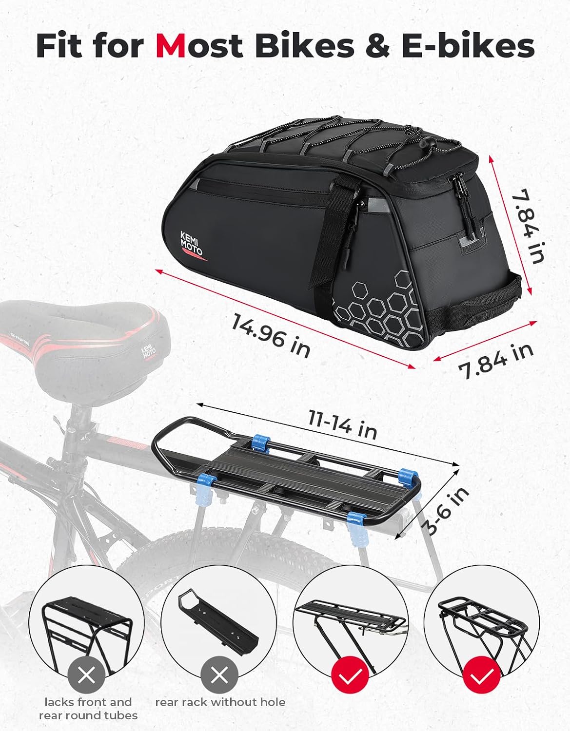KEMIMOTO 3-in-1 Rear Bike Bag, 11L Convertible Backpack/Shoulder Bag, Black