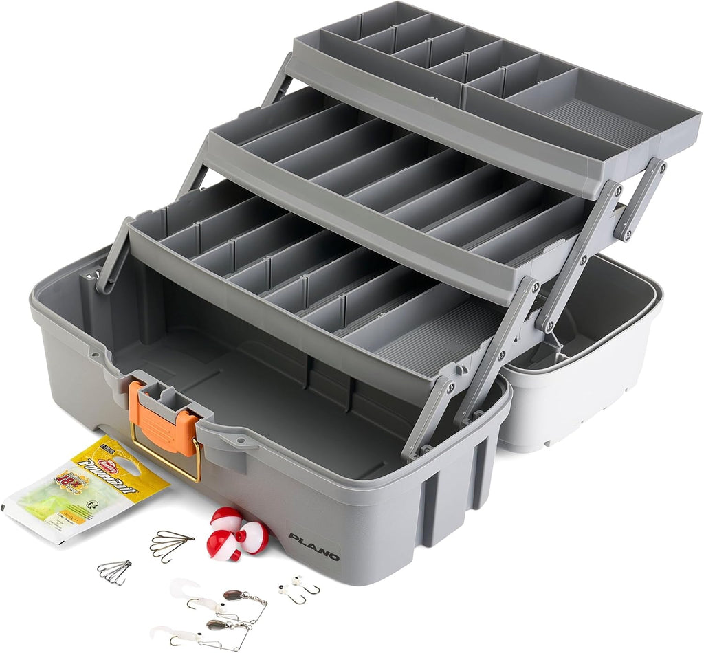 Plano Three-Tray Tackle Box Panfish Kit, Light Grey/Dark Grey, Rust-Proof Brass Latch, Top-Access Tray with Deep Storage, Made in the USA, Portable Fishing Gear Storage Organizer