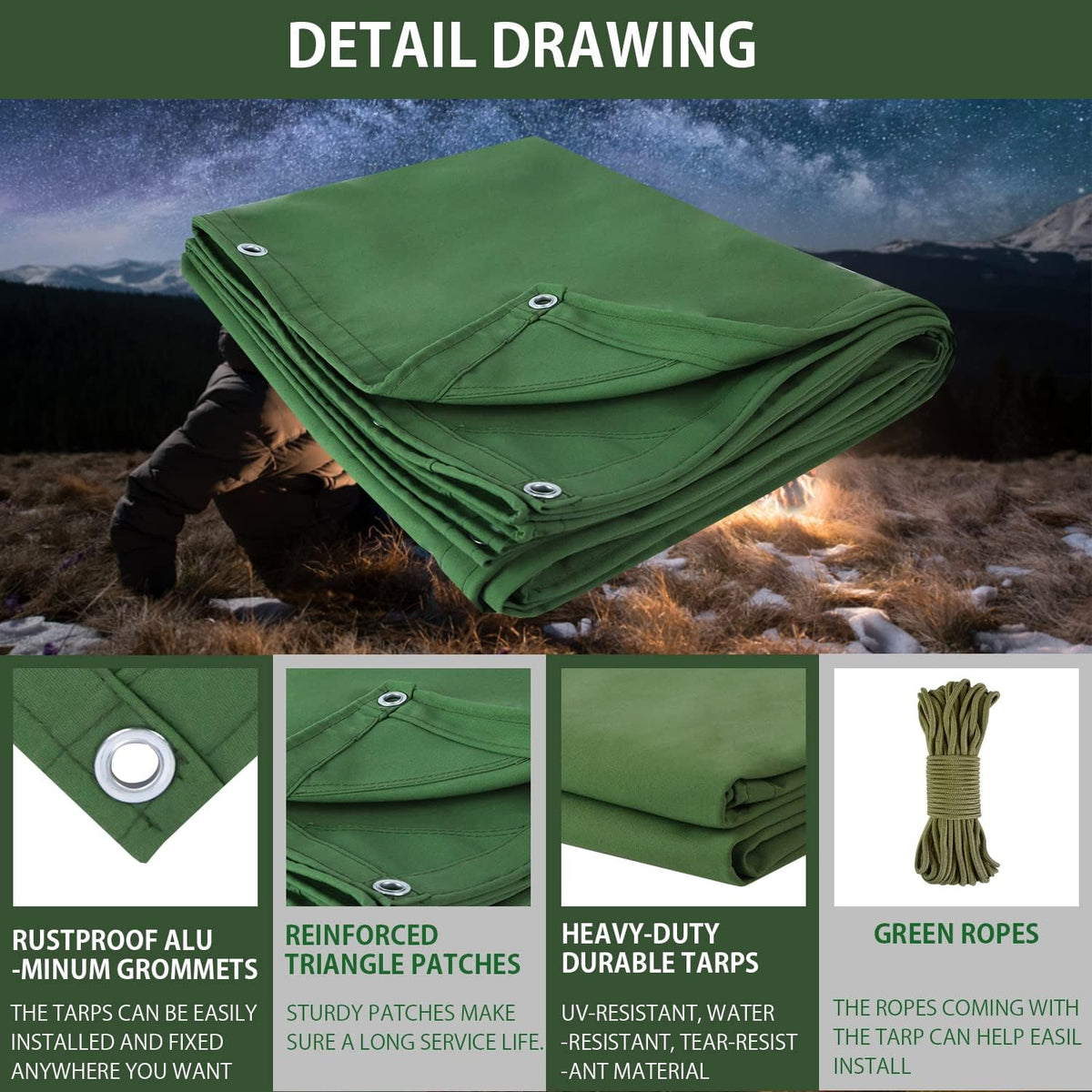FoundGo Canvas Tarp 10x12ft Heavy Duty Waterresistant Tarps with Grommets, UV Resistant, 22 Mil Tarpaulin,14 oz Durable Cloth Covers for Car, Roof, Boat, Camp, Canopy, Woodpile with Ropes-Green