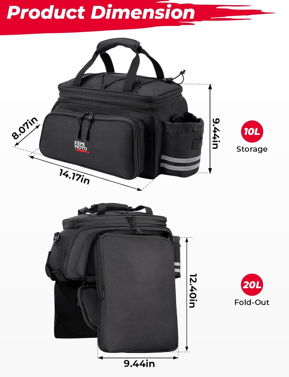 KEMIMOTO Bike Rear Rack Bag eBike Trunk Bag Expandable 20L Bicycle Pannier