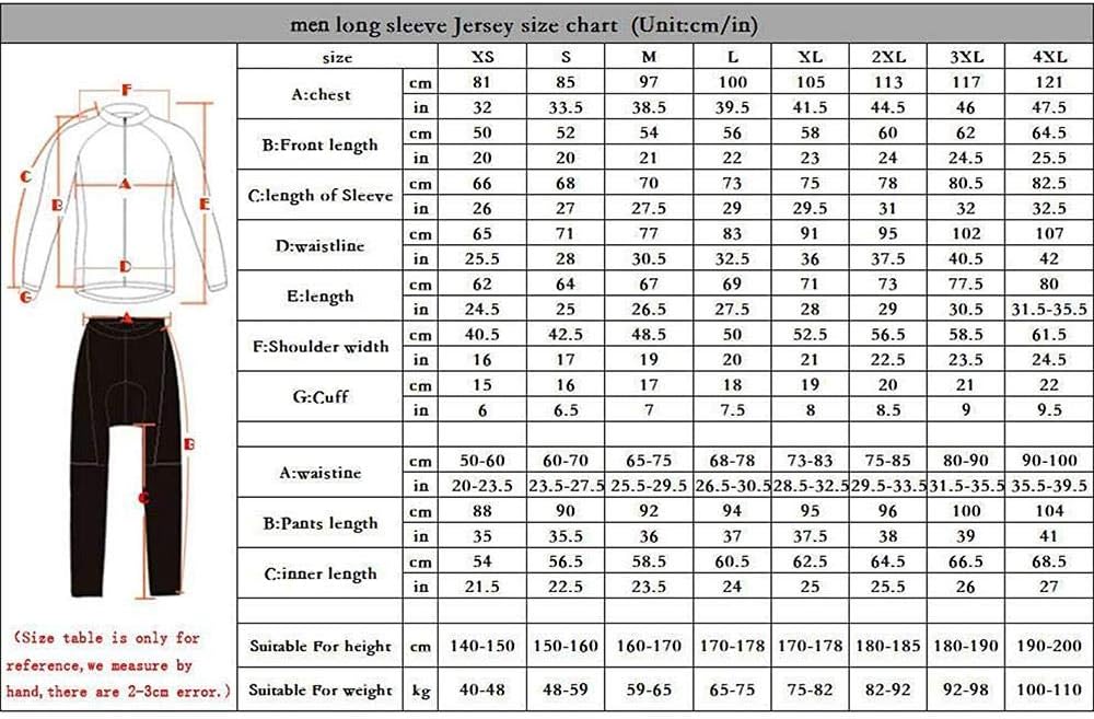 Men's Cycling Jersey Set Long Sleeve Bike Shirts Bicycle Clothing Cycling Bib Pants with 20D Gel Padded