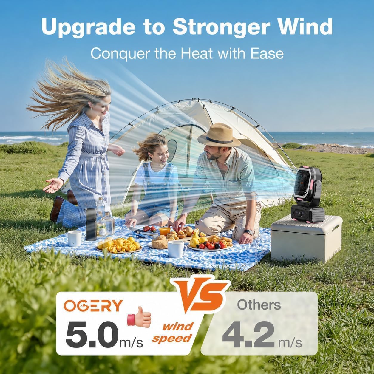 OGERY Camping Fan, Portable Fan Rechargeable with 20000mAh Battery, Stepless Speed Control, Fast Charging, Remote & LED Lantern for Tent, Travel, Car Camping, Camping Essentials