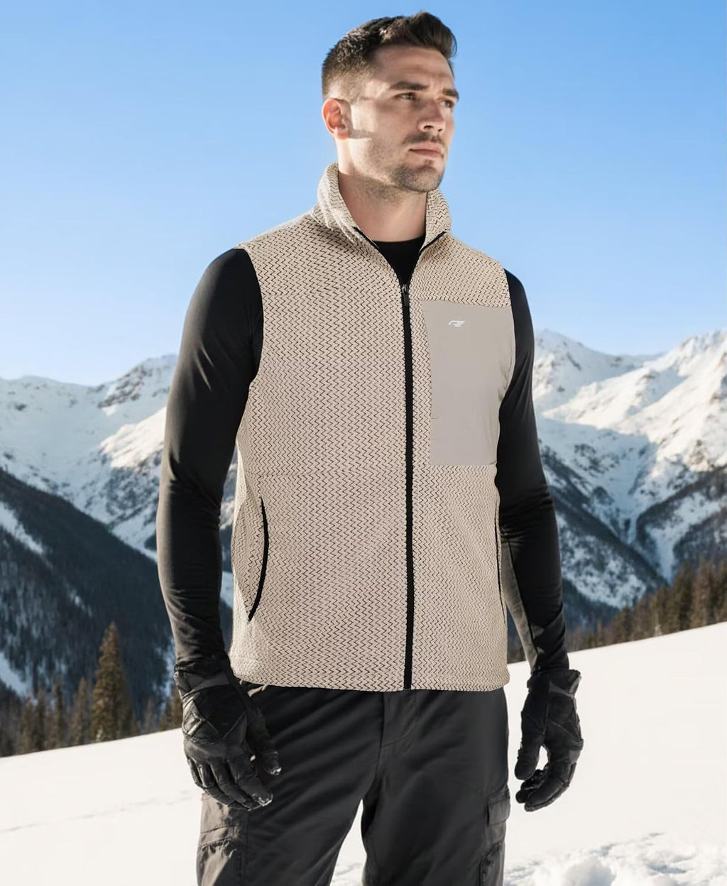 Mens Fleece Vest Mock Neck Full Zip Textured Sleeveless Jacket with Zippered Chest Pocket Active Fit Hiking Golf Top