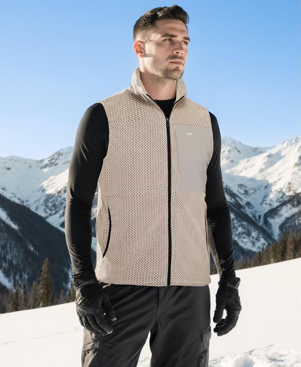 Mens Fleece Vest Mock Neck Full Zip Textured Sleeveless Jacket with Zippered Chest Pocket Active Fit Hiking Golf Top
