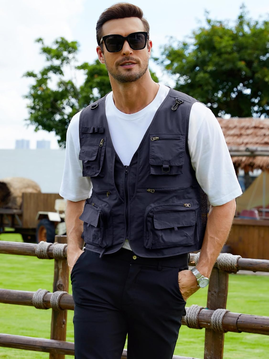 Gihuo Mens Fishing Vest Lightweight Utility Vests Cargo Outdoor Safari Travel Vest with Pockets