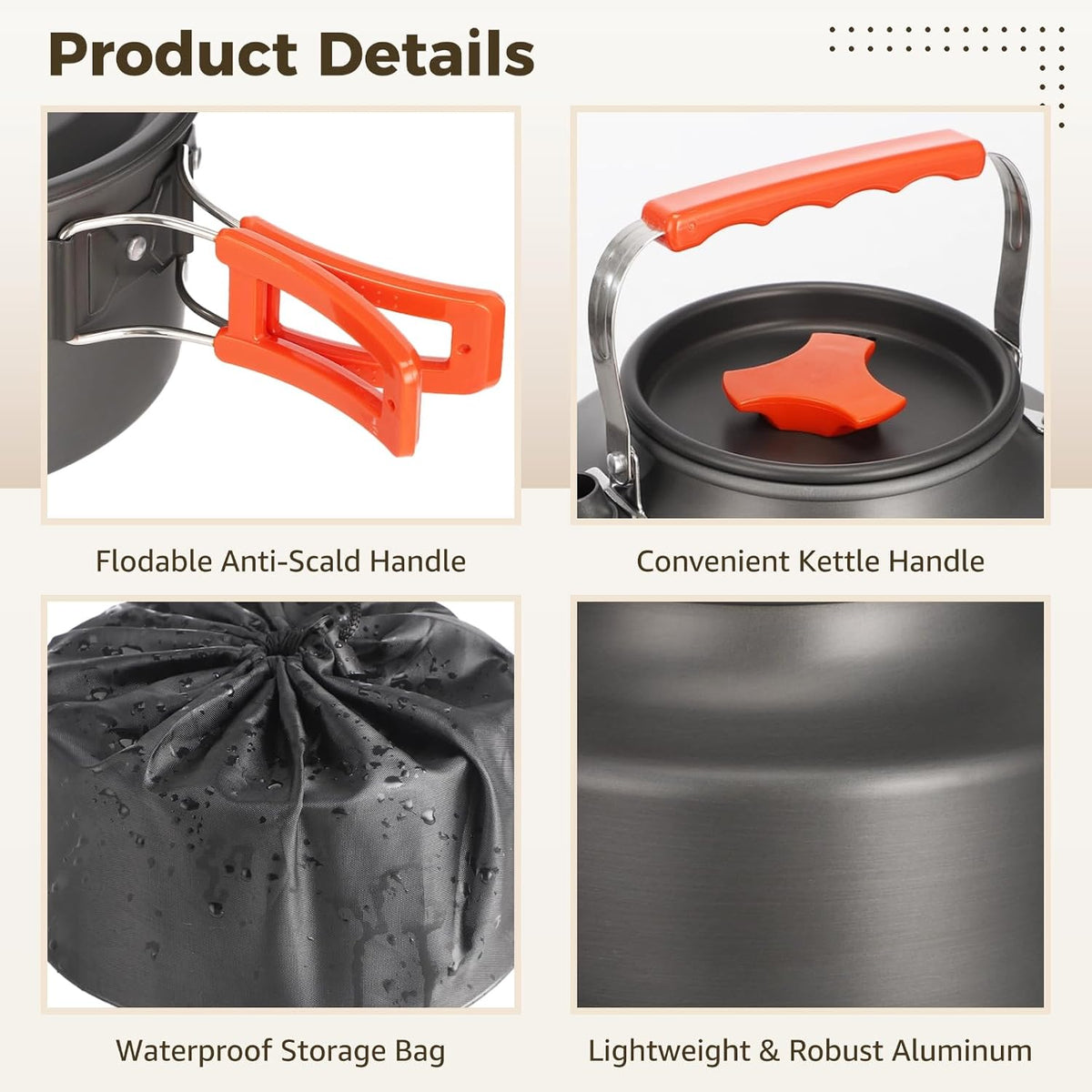10 PCS Camping Cookware Set, Camp Pot Pan Kettle Plastic Bowls Soup Spoon, Lightweight Aluminum Outdoor Cooking Set with Drawstring Storage Bag for Backpacking Hiking RV Trip