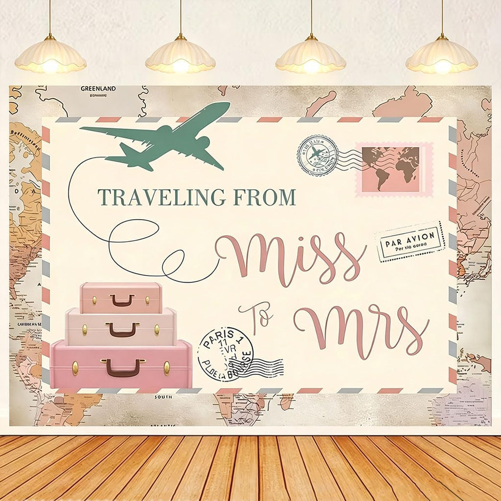 Traveling from Miss to Mrs Photography Background Postcard Suitcases Travel Adventure Begin Backdrop Bridal Shower Wedding Supplies Baby Shower Party Decorations (7X5FT)