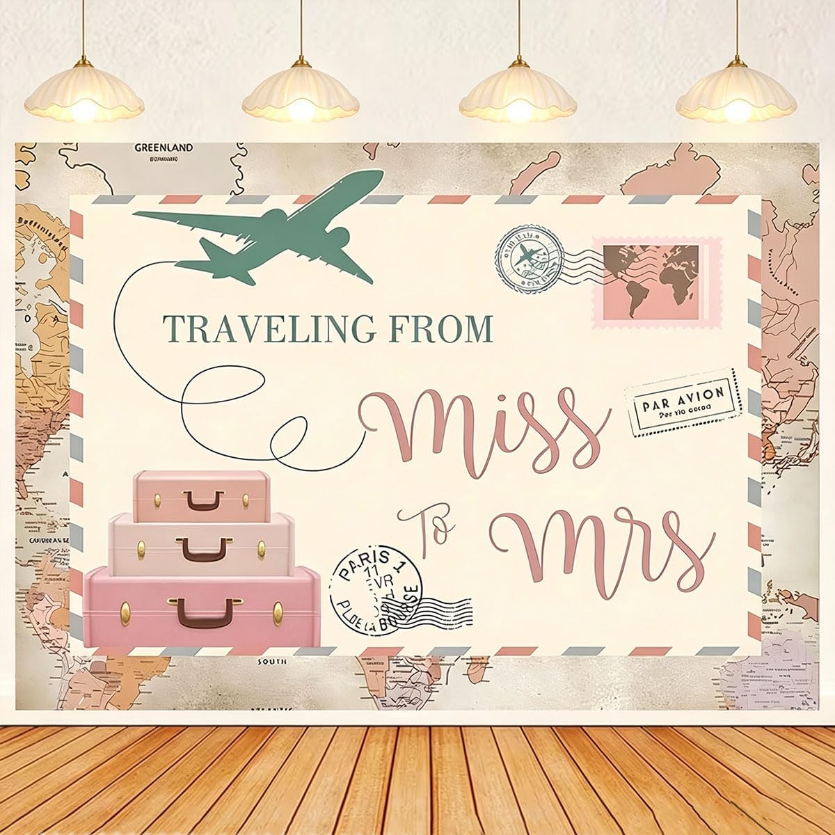 Traveling from Miss to Mrs Photography Background Postcard Suitcases Travel Adventure Begin Backdrop Bridal Shower Wedding Supplies Baby Shower Party Decorations (7X5FT)