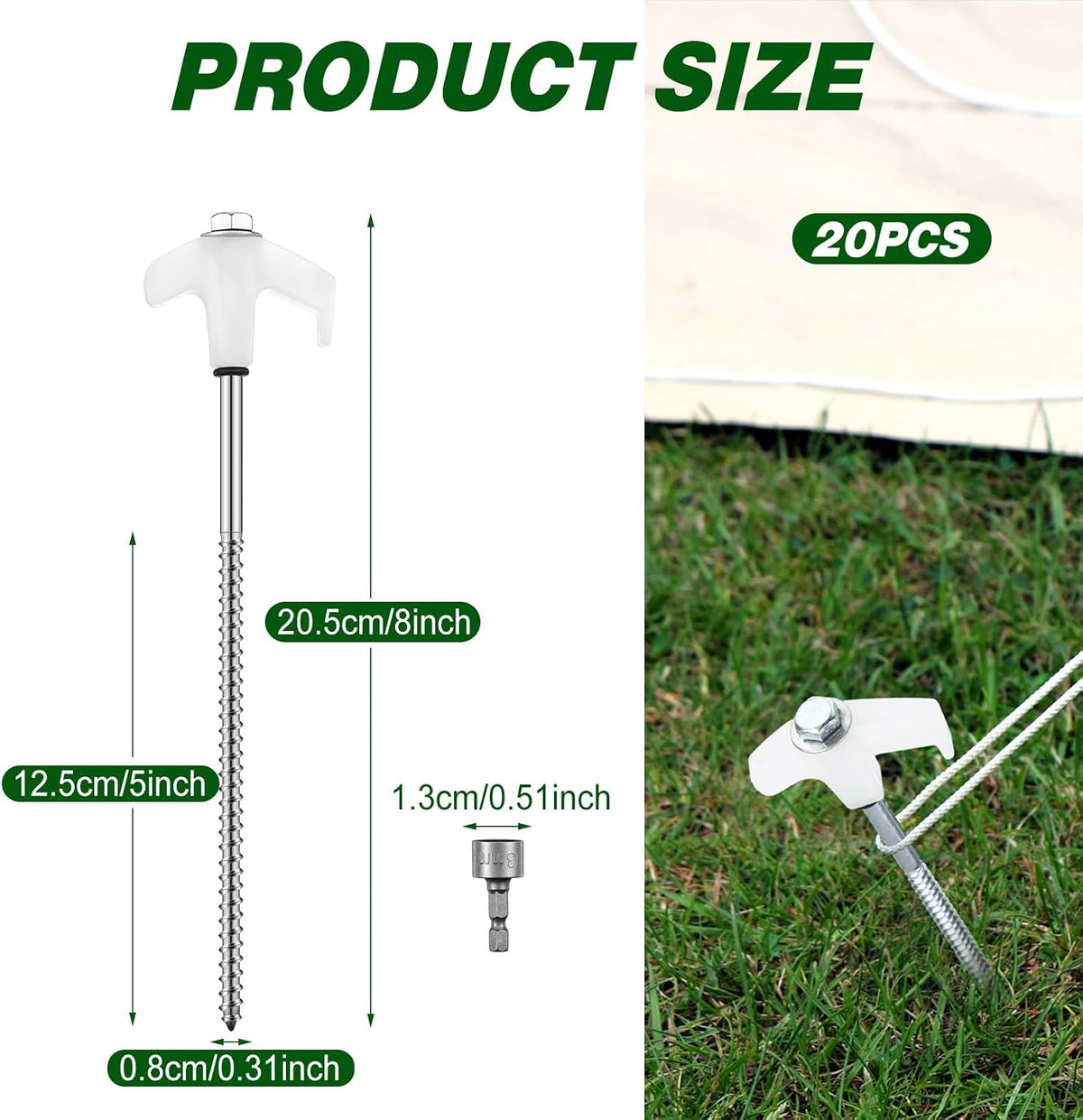 Hicarer 20 Pcs 8" Screw in Tent Stakes Ground Anchors, Luminous White