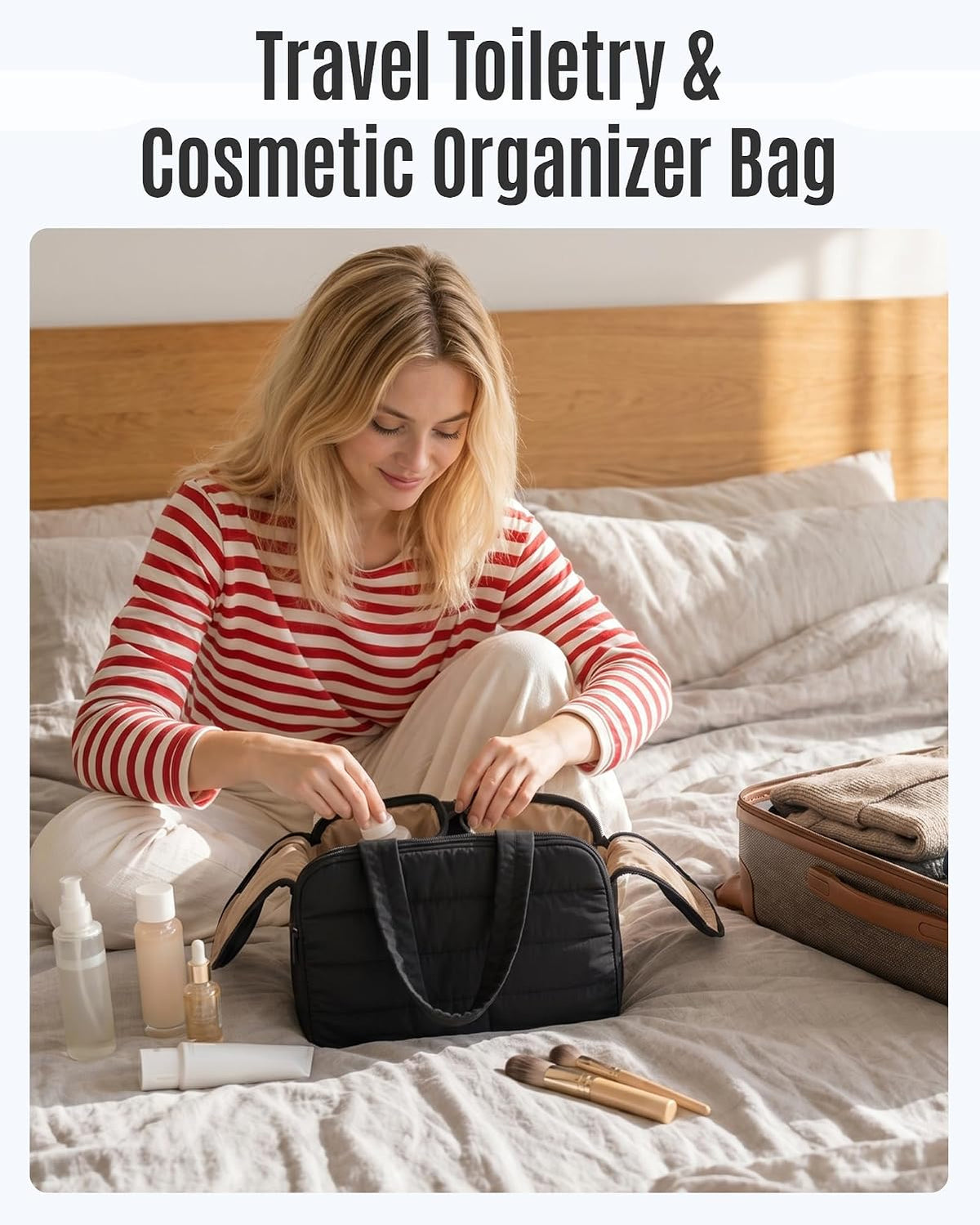 LIGHT FLIGHT Travel Toiletry Bag, Quilted Travel Makeup Cosmetic Bag Organizer, Toiletry Bags for Traveling Women, Make up Bag with Handle, Black