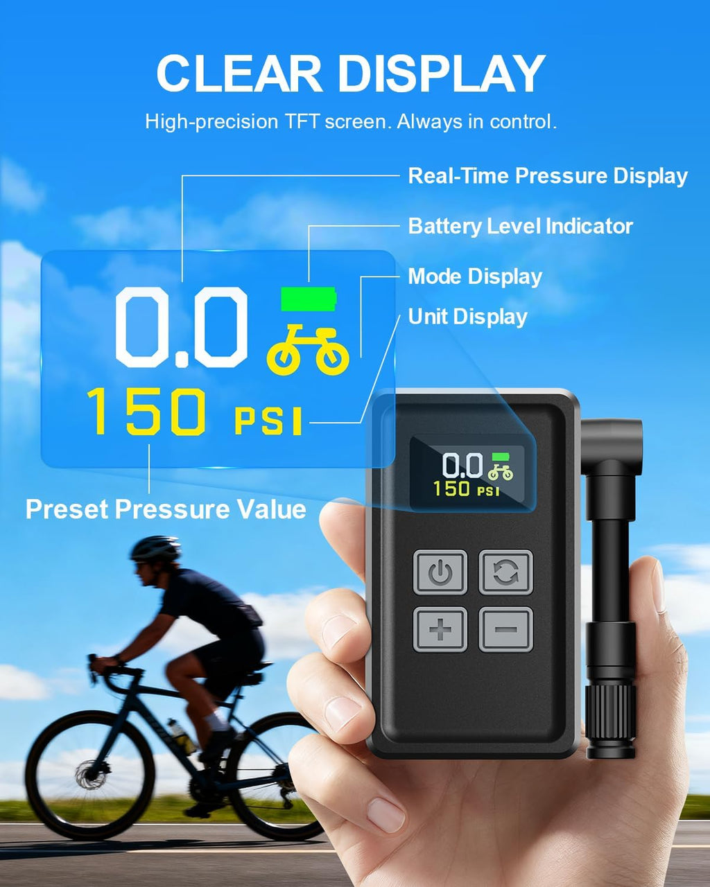 Mini Bike Pump 150 PSI Electric Tire Inflator with Gauge for Bikes
