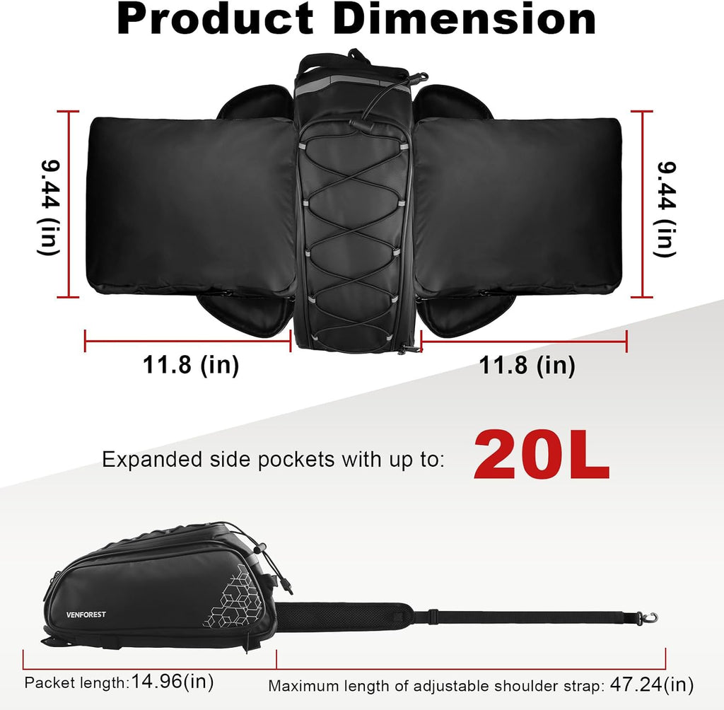 Bike Rear Rack Bag,20L PVC Waterproof Bike Trunk Bag for Road and Mountain Bikes,Multifunctional Bicycle Rear Seat Bag with Rain Cover Bike Saddle Bag for Cycling Trip (Black)