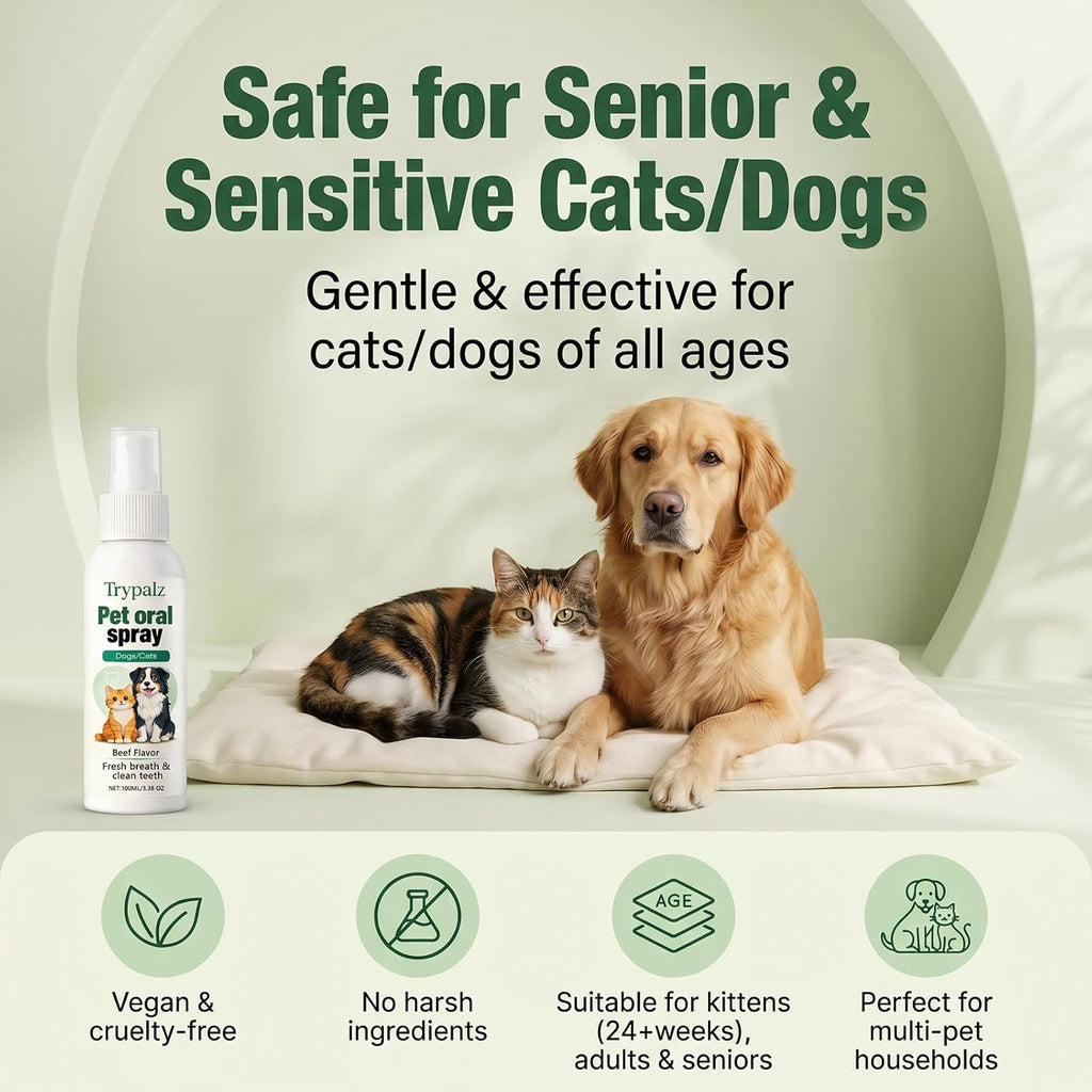 Halpilt Pet Oral Tartar Remover Spray, Trypalz Spray for Dogs & Cat, Plaque & Tartar Remover, Supports Fresh Breath & Clean Teeth, Eliminates Bad Breath for Healthy Gums, Beef Flavor (1)