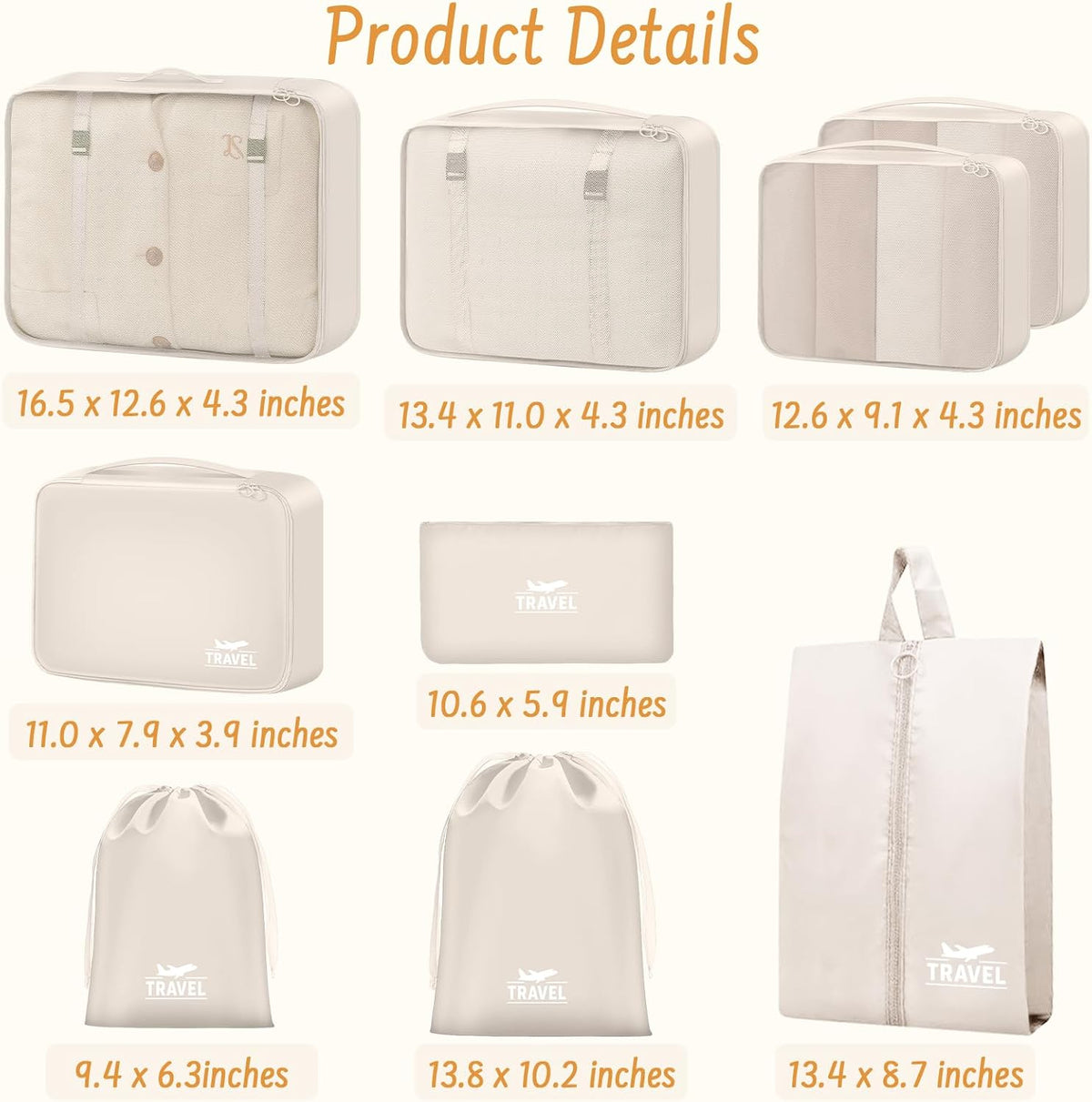 9 Set Packing Cubes for Travel Essentials - Lightweight Carry-On Luggage Organizer Bags with Shoe, Clothes & Laundry Bags for Airplane, Family & Business Travel, Beige
