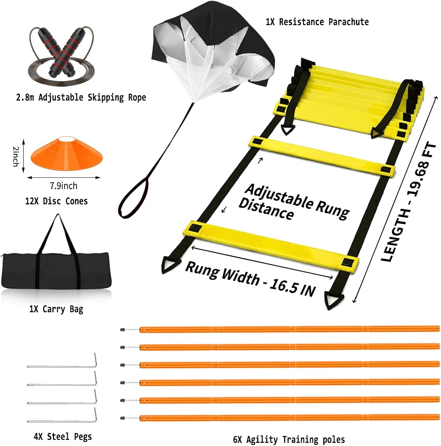 Vztipki Speed & Agility Training Equipment-20ft Agility Ladder, 6 Poles, 12 Soccer Cones, Resistance Parachute, Jump Rope, Soccer Football Basketball Sport Training Set for Kids Youth Adults