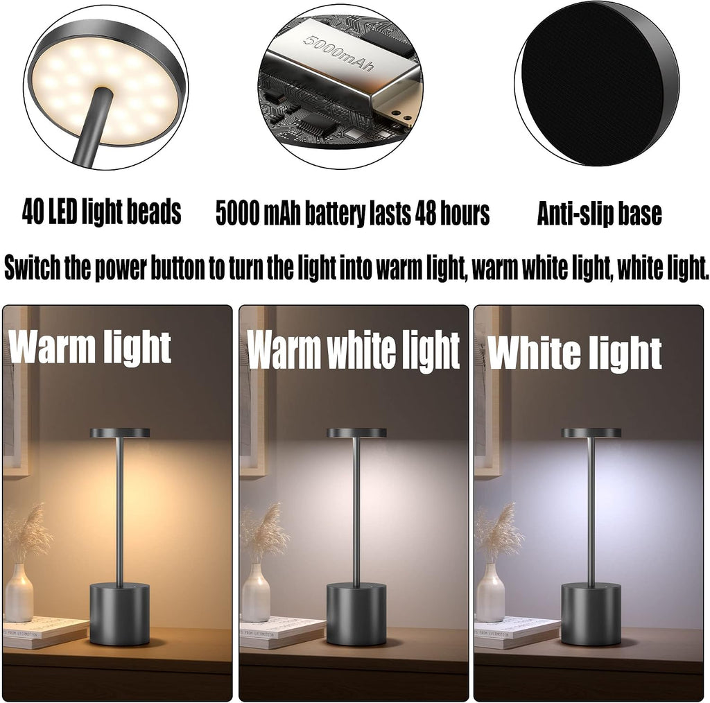 2Pack Cordless Table Lamp, Rechargeable LED Battery 5000mAh Metal USB Portable Powered Desk Lamp, 3 Levels Brightness Light for Restaurants Outdoor (2pack 10.25in Grey)