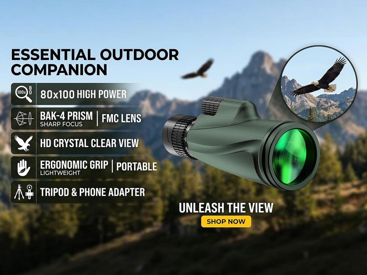 Monocular Telescope 80 x 100 High Powered Monoculars for Adults with Tripod, Monocular for Smartphone Suitable for Bird Watching Larger Vision Monoculars for Adults with BAK4 Prism & FMC Lens Green