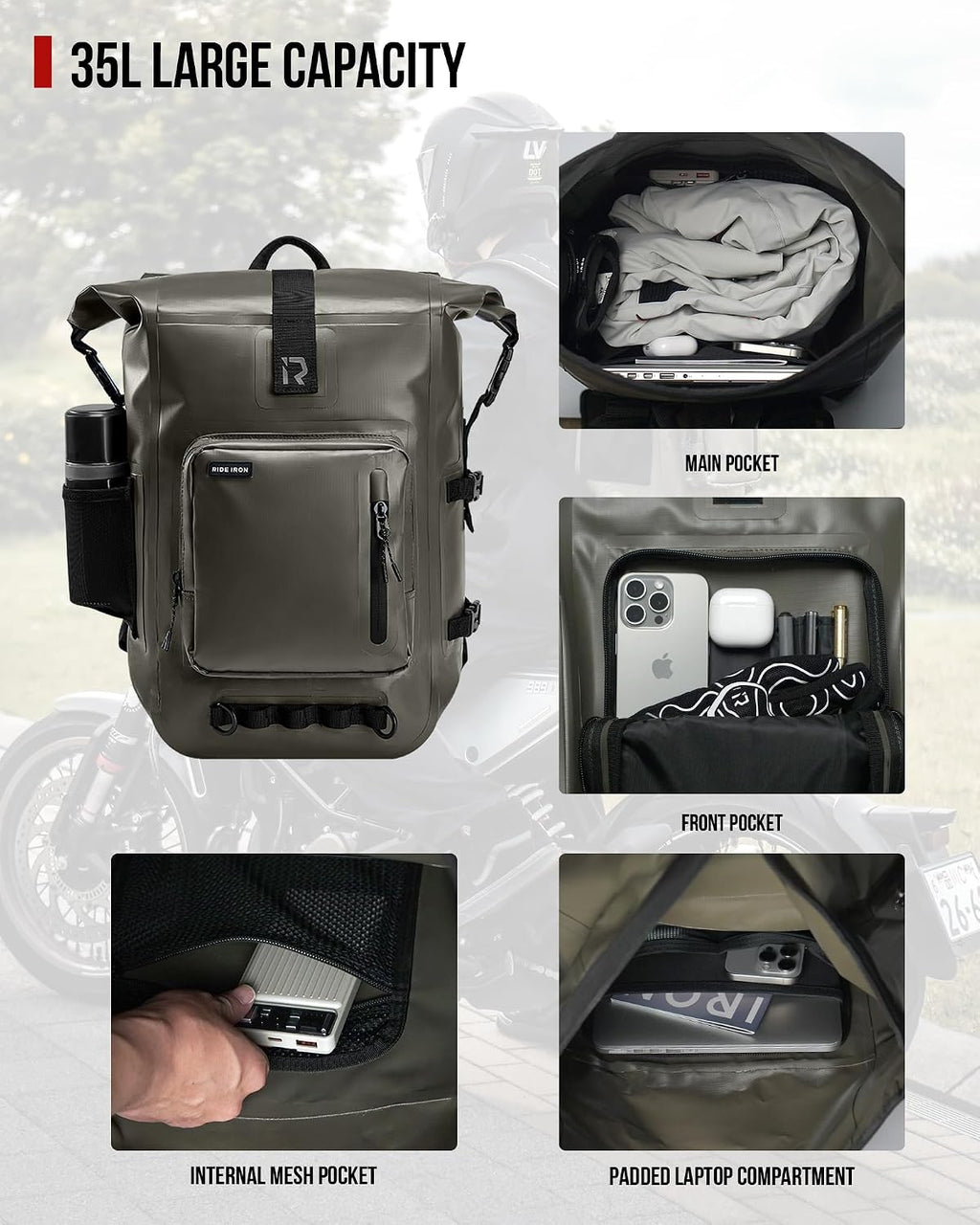 RIDEIRON Waterproof Backpack, Motorcycle Dry Bag with Roll Top Closure 35L