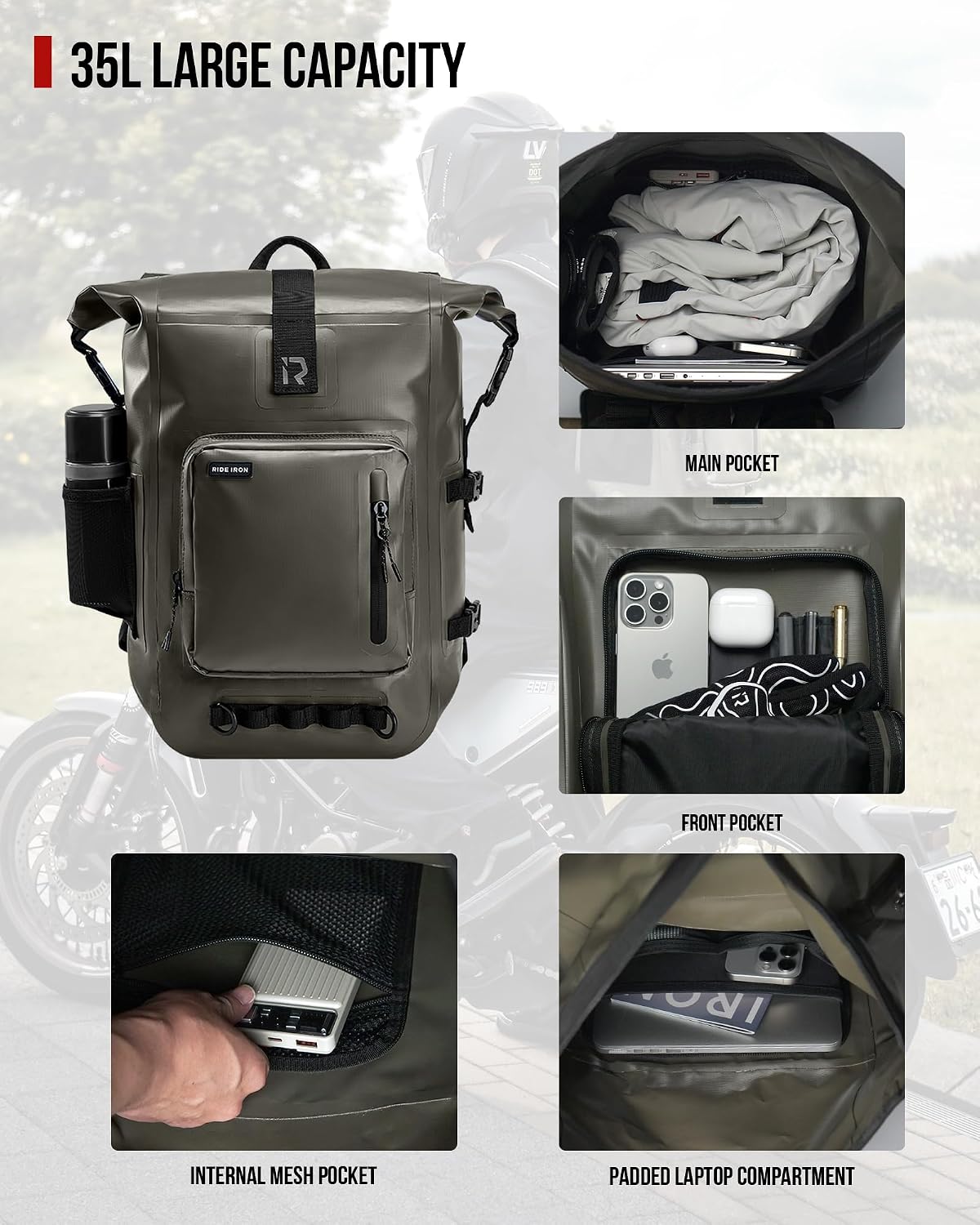 RIDEIRON Waterproof Backpack, Motorcycle Dry Bag with Roll Top Closure 35L