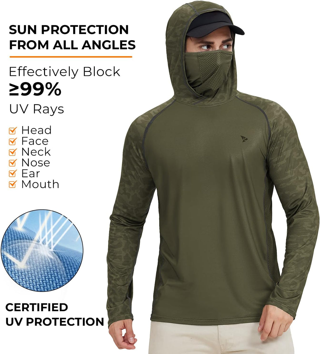 Rodeel UPF 50+ Men’s Long Sleeve Performance Fishing Hiking Shirt with Mask UV Neck Gaiter Hoodie