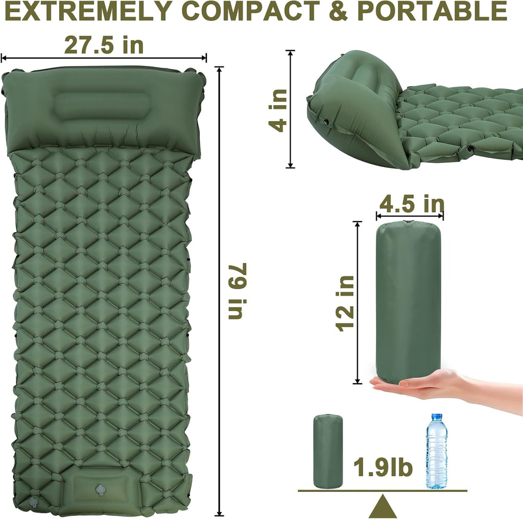 Self Inflating Sleeping Pad for Camping with Seat Cushion, Single, Green